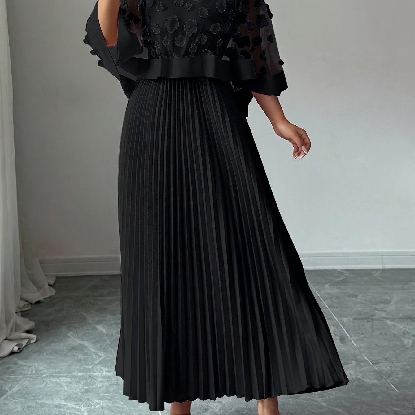 Elegant Floral Mesh Two Piece Set for Women with Round Neck Flutter Sleeve Pleated Maxi Skirt Formal Style