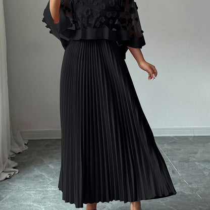 Elegant Floral Mesh Two Piece Set for Women with Round Neck Flutter Sleeve Pleated Maxi Skirt Formal Style