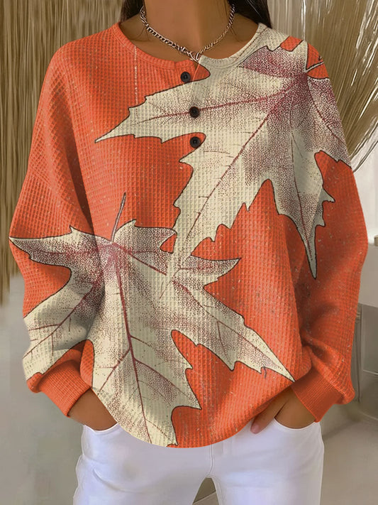 Effortless Orange Maple Leaf Waffle Knit Top for Women with Round Neck Button Placket Long Sleeve Oversized Relaxed Style