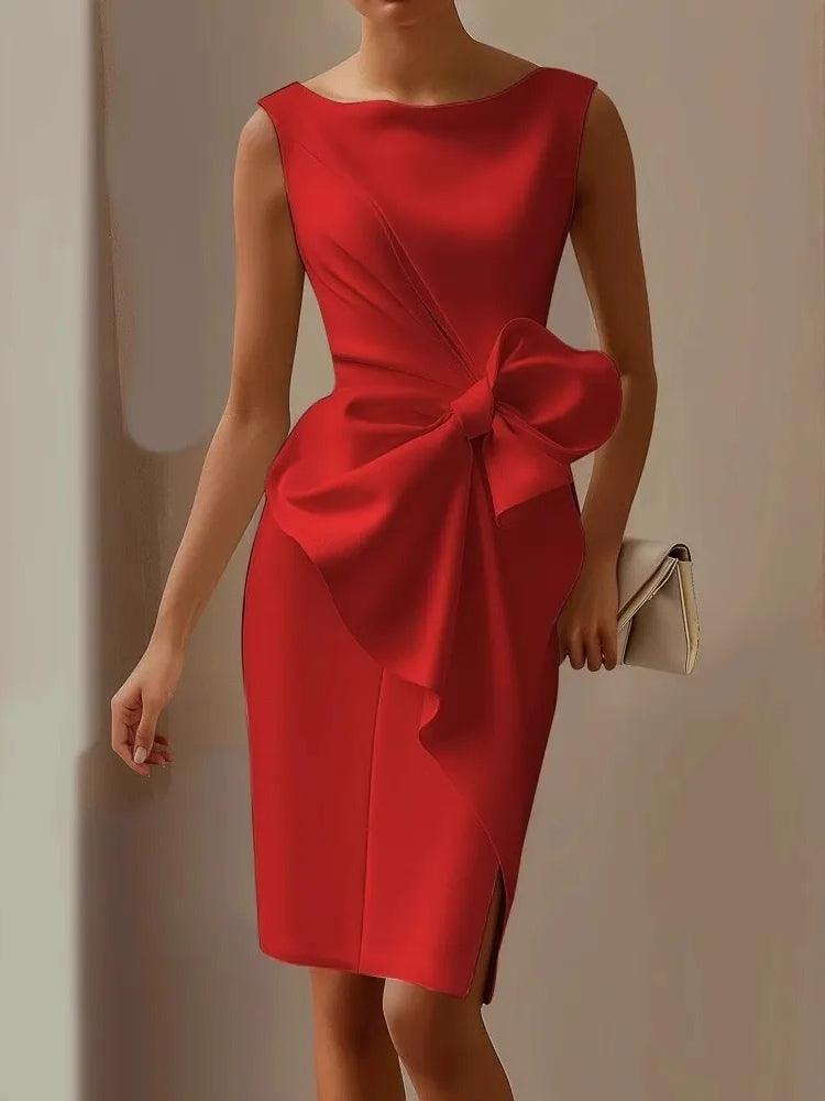 Elegant Satin Midi Dress for Women with Boat Neck Sleeveless Bow Waist Bodycon Cocktail Style
