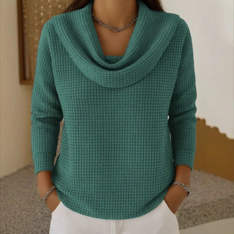 Comfortable Waffle Knit Sweater for Women with Cowl Neck Long Sleeve Relaxed Oversized Style