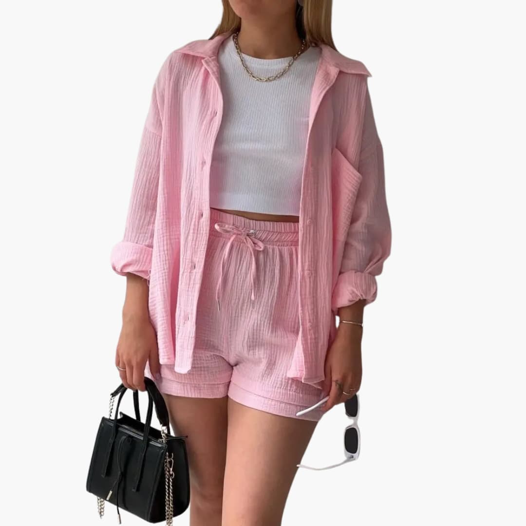 Effortless Textured Cotton Two Piece Set for Women with Collared Long Sleeve Button Front Drawstring Shorts Relaxed Style