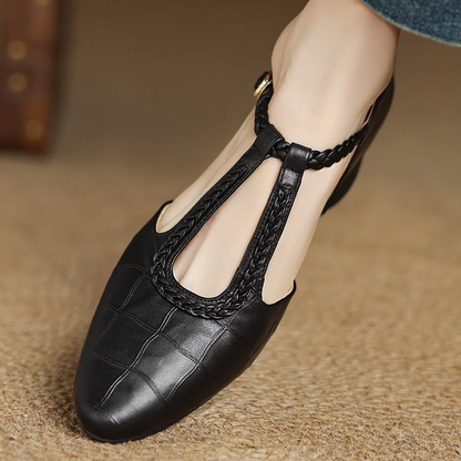 Elegant Croc Embossed T-Strap Flats for Women with Pointed Toe Braided Strap Buckle Closure Style