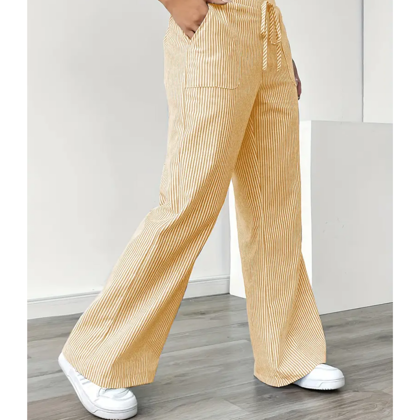 Effortless Striped Linen Wide Leg Pants for Women with High Waist Drawstring Relaxed Flowing Casual Style