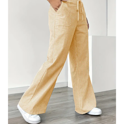 Effortless Striped Linen Wide Leg Pants for Women with High Waist Drawstring Relaxed Flowing Casual Style