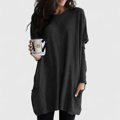 Comfortable Oversized Tunic Top for Women with Round Neck Long Sleeve Relaxed Pocket Casual Style