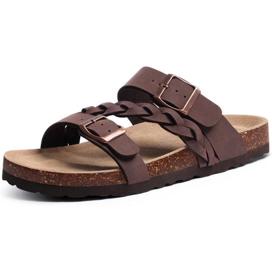 Effortless Braided Buckle Slide Sandal for Women with Cork Footbed Double Strap Casual Style