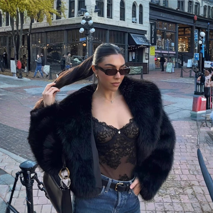 Elegant Faux Fur Jacket for Women with Shawl Collar Long Sleeve Oversized Cropped Style