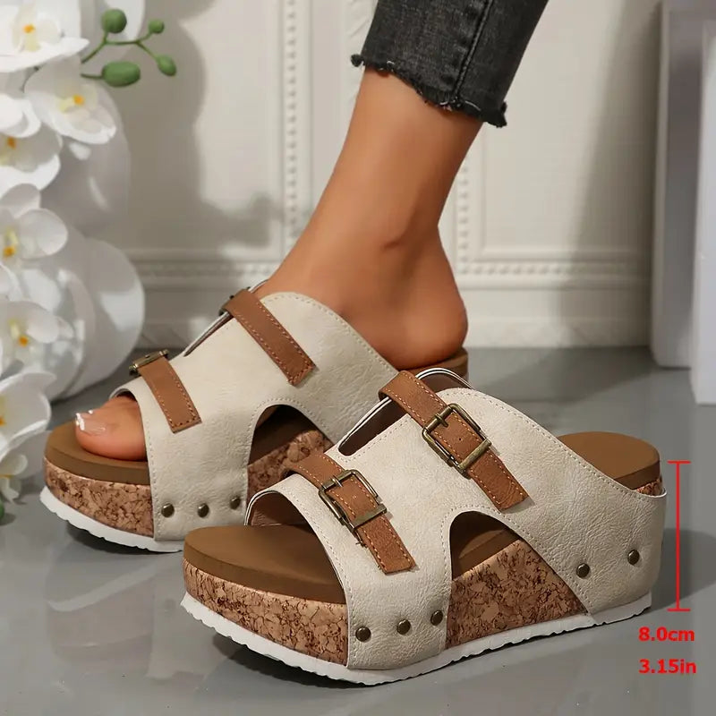 Comfortable Beige Platform Sandals for Women with Double Buckle Strap Cork Sole Open Toe Style
