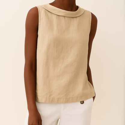 Effortless Linen Blouse for Women with Foldover Collar Sleeveless Keyhole Back Relaxed Style