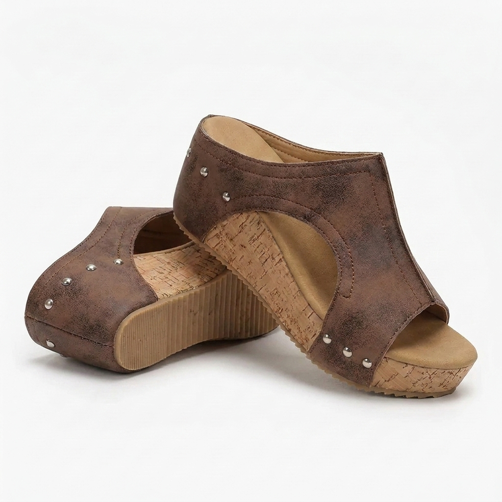 Comfortable Wedge Sandals for Women with Studded T Strap Cork Platform Peep Toe Slide Style