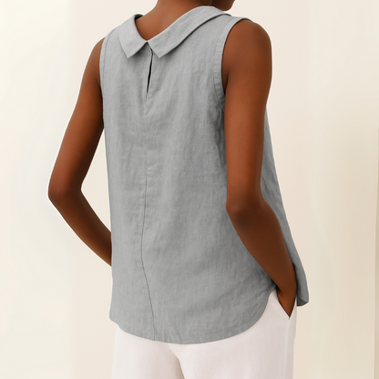 Effortless Linen Blouse for Women with Foldover Collar Sleeveless Keyhole Back Relaxed Style