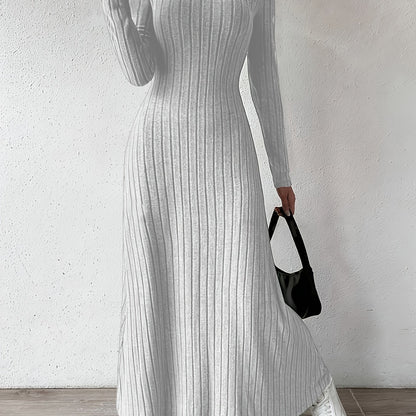 Elegant Ribbed Knit Maxi Dress for Women with V Neck Long Sleeve Fitted Flowing Style