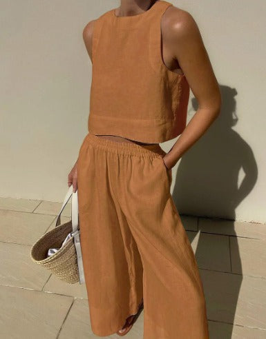 Effortless Linen Wide Leg Set for Women with Square Neck Sleeveless Relaxed Two Piece Style