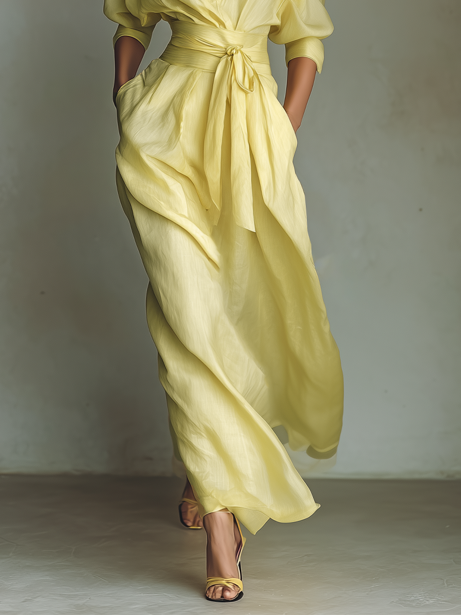 Effortless Yellow Linen Maxi Dress for Women with V Neck Elbow Sleeve Belted Wrap Flowing Style