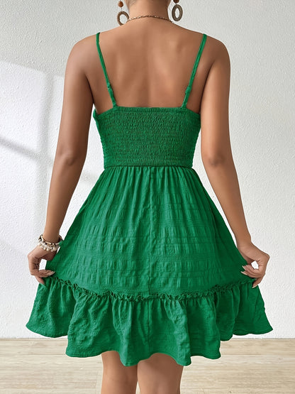 Effortless Textured Mini Dress for Women with Square Neck Spaghetti Strap Smocked Tiered Ruffle Boho Style