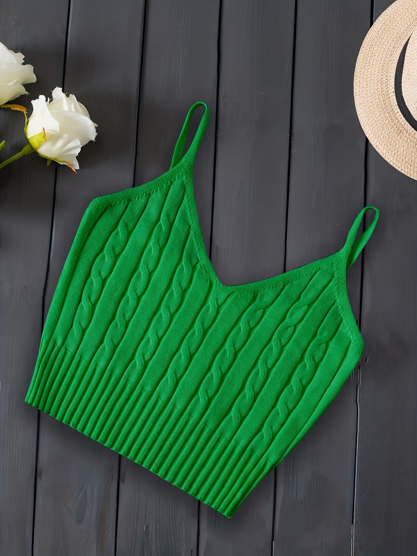 Effortless Cable Knit Tank for Women with V Neck Sleeveless Cropped Ribbed Casual Style