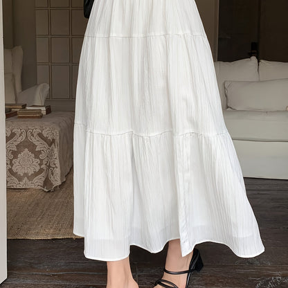 Effortless White Crinkle Maxi Skirt for Women with Elastic Waist Tiered A Line Flowing Style