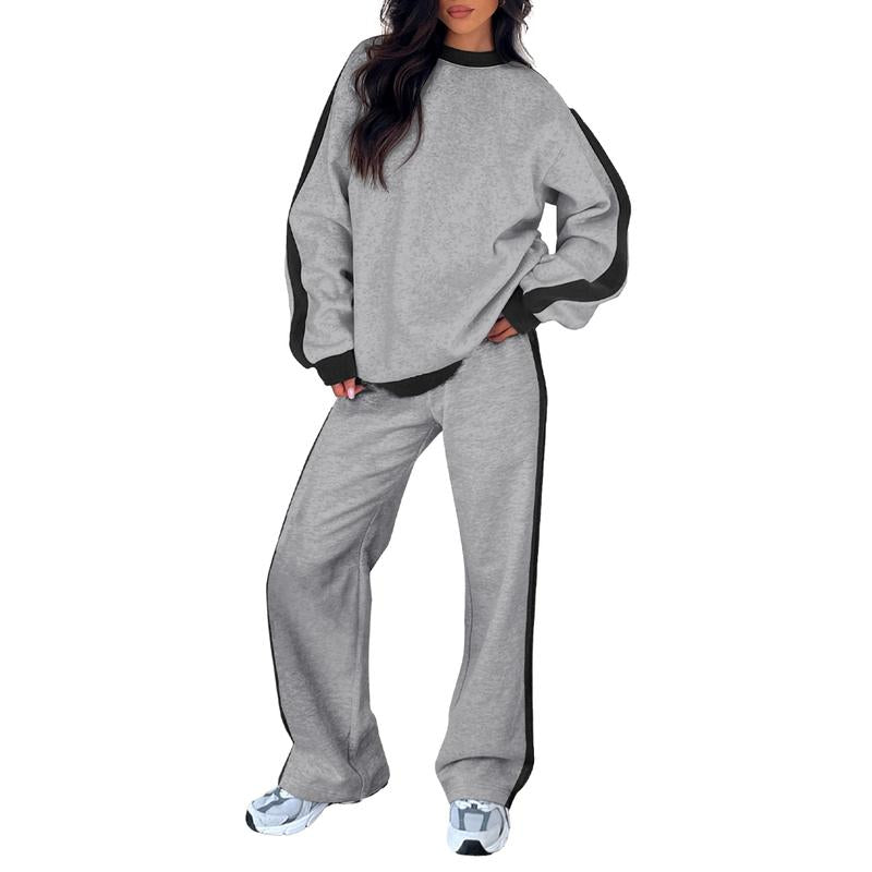 Effortless Colorblock Sweat Set for Women with Crewneck Long Sleeve Wide Leg Relaxed Style