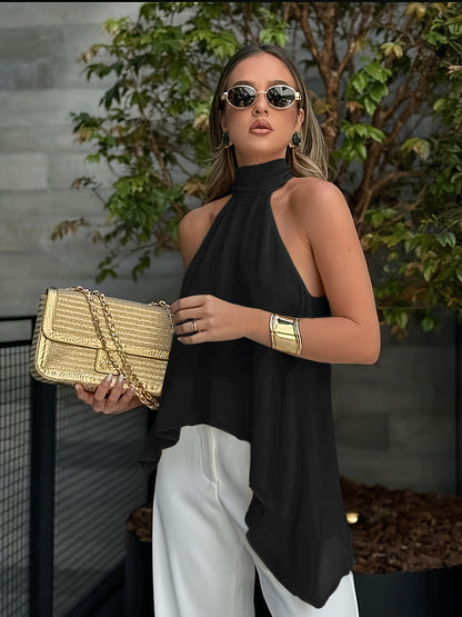 Effortless Silky Halter Top for Women with Mock Neck Sleeveless Handkerchief Hem Flowing Style