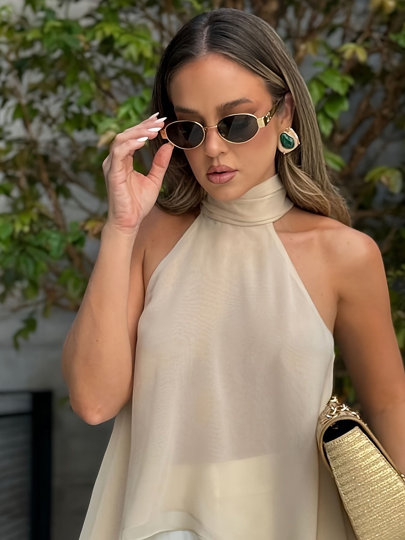 Effortless Silky Halter Top for Women with Mock Neck Sleeveless Handkerchief Hem Flowing Style