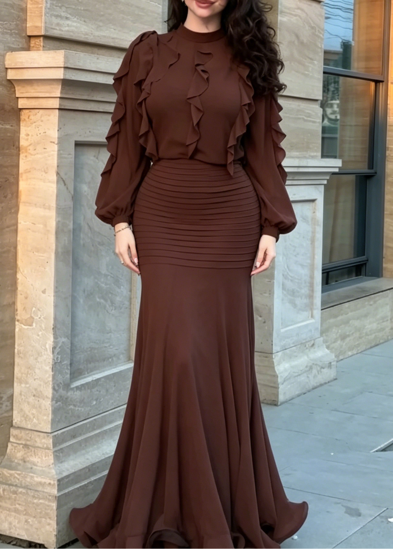 Elegant Brown Ruffle Mermaid Maxi Dress for Women with High Neck Balloon Sleeve Ruched Flowing Style