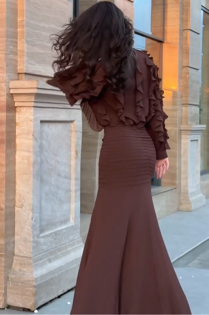 Elegant Brown Ruffle Mermaid Maxi Dress for Women with High Neck Balloon Sleeve Ruched Flowing Style