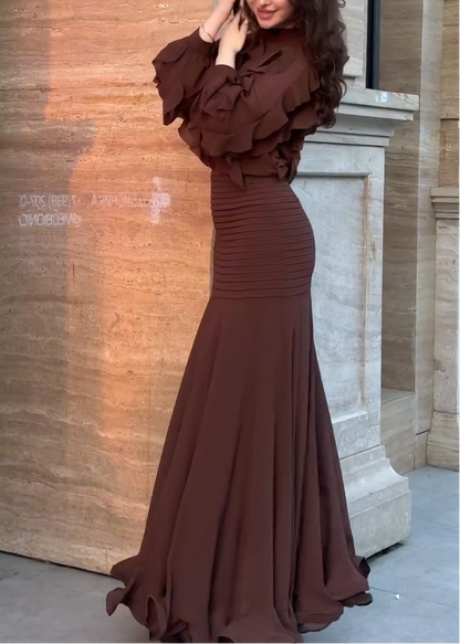 Elegant Brown Ruffle Mermaid Maxi Dress for Women with High Neck Balloon Sleeve Ruched Flowing Style