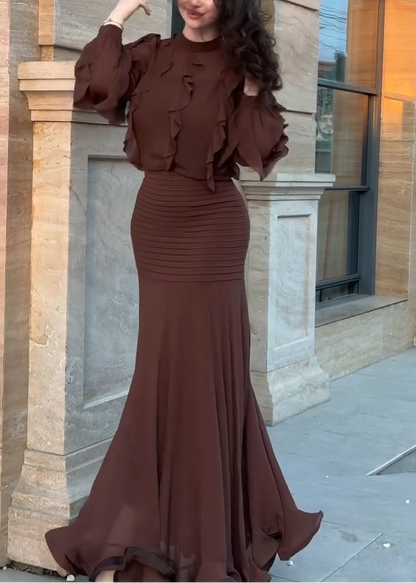 Elegant Brown Ruffle Mermaid Maxi Dress for Women with High Neck Balloon Sleeve Ruched Flowing Style