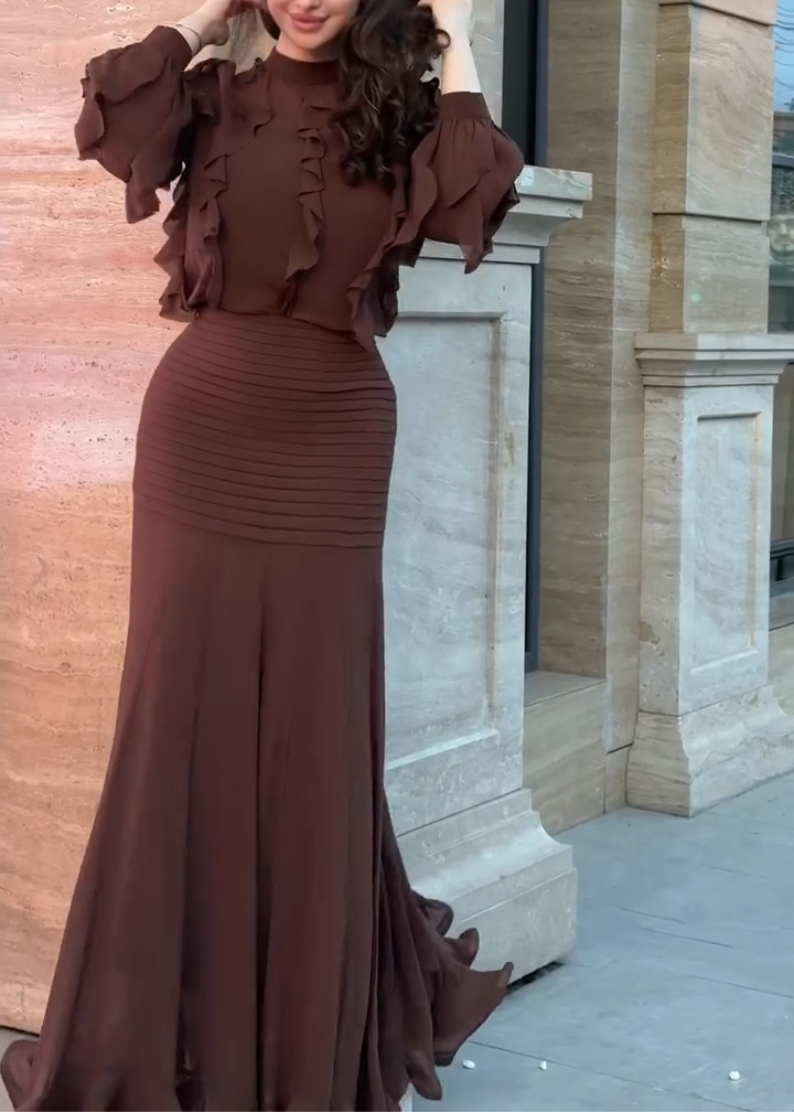 Elegant Brown Ruffle Mermaid Maxi Dress for Women with High Neck Balloon Sleeve Ruched Flowing Style