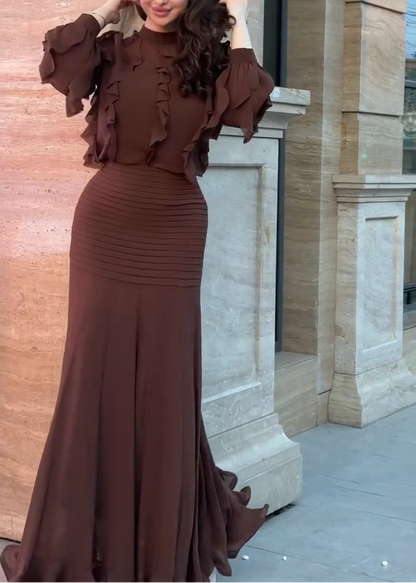 Elegant Brown Ruffle Mermaid Maxi Dress for Women with High Neck Balloon Sleeve Ruched Flowing Style