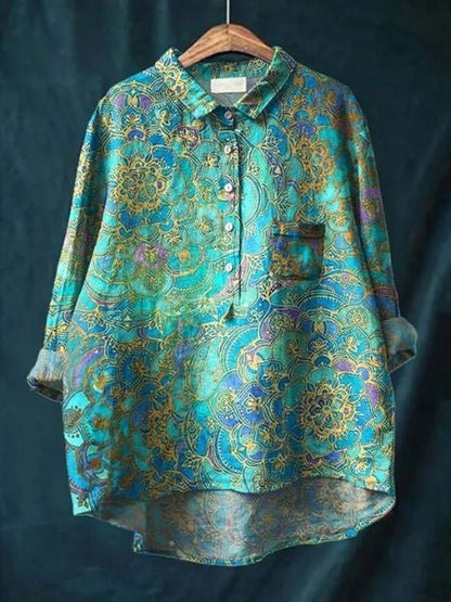 Effortless Floral Blouse for Women with Collar Long Sleeve Button Front High Low Hem Relaxed Style
