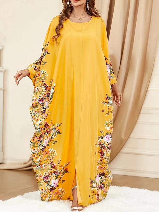 Elegant Floral Print Kaftan Maxi Dress for Women with Round Neck Batwing Sleeve Flowing Style