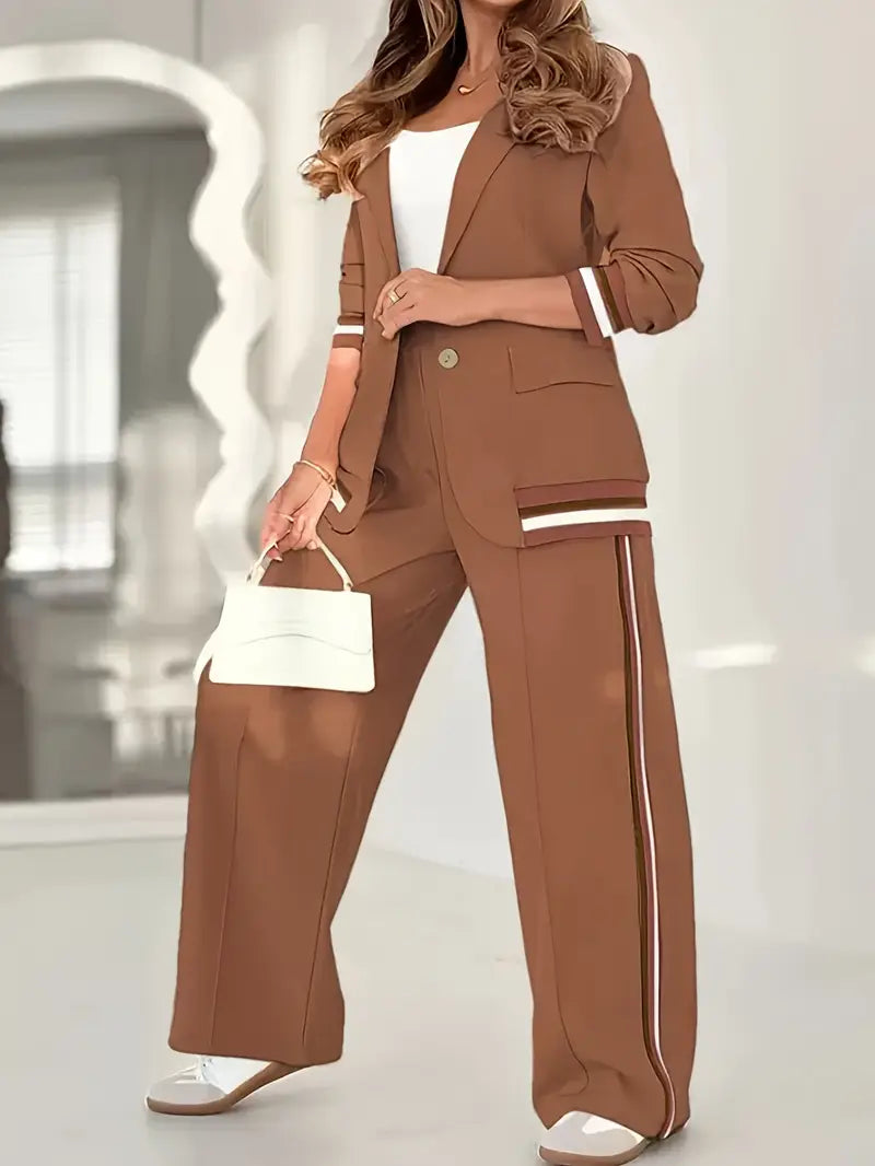 Elegant Striped Two Piece Set for Women with Notched Lapel Blazer Wide Leg Pant Office Style
