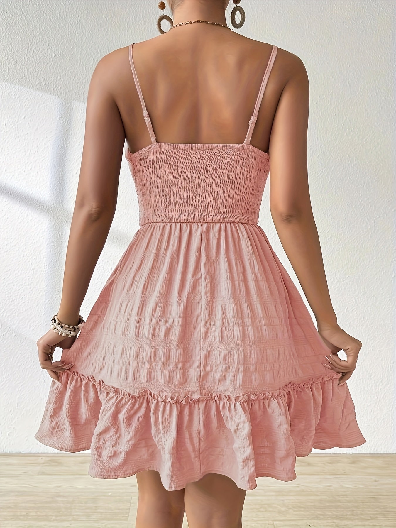Effortless Textured Mini Dress for Women with Square Neck Spaghetti Strap Smocked Tiered Ruffle Boho Style