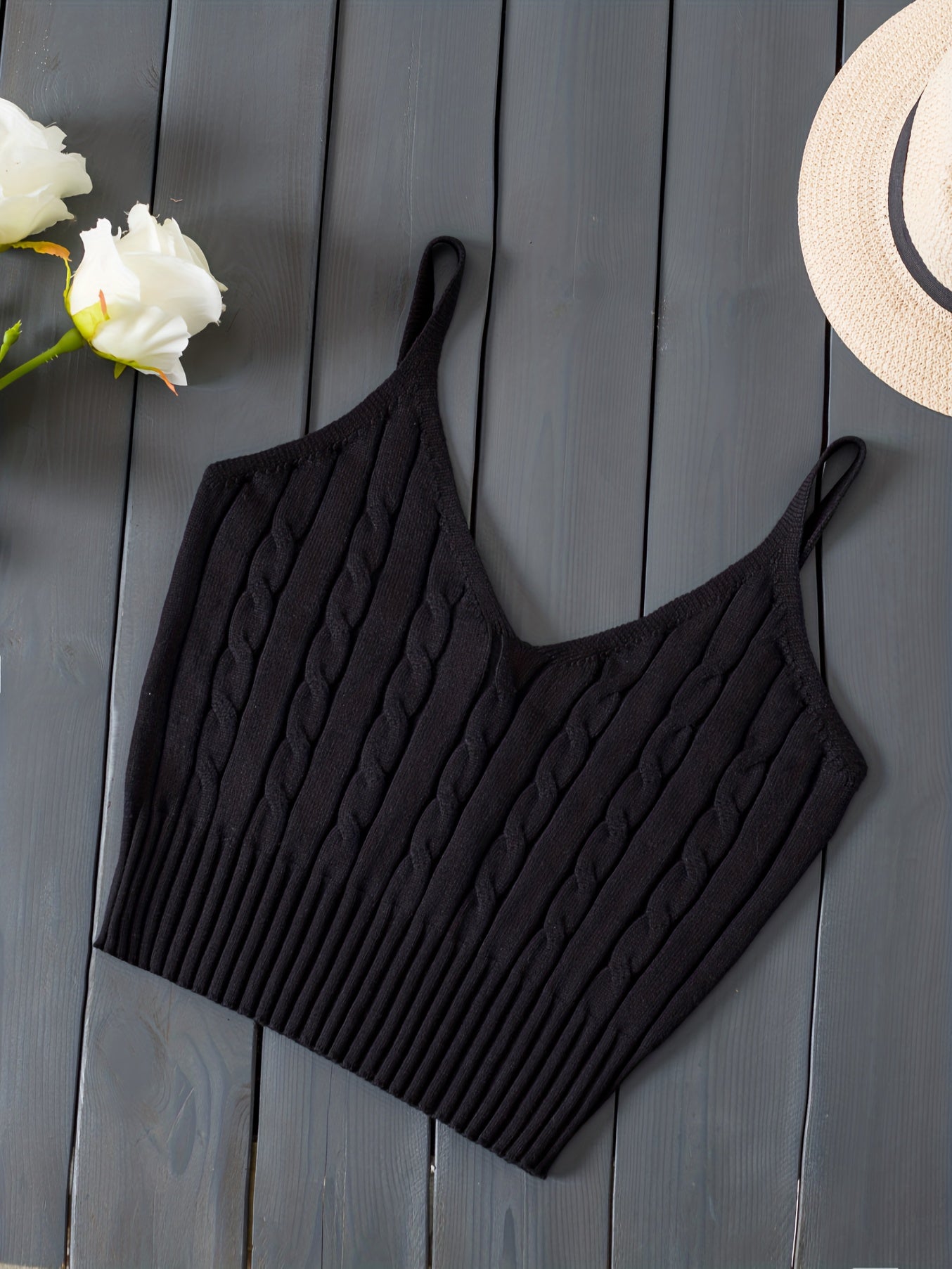 Effortless Cable Knit Tank for Women with V Neck Sleeveless Cropped Ribbed Casual Style