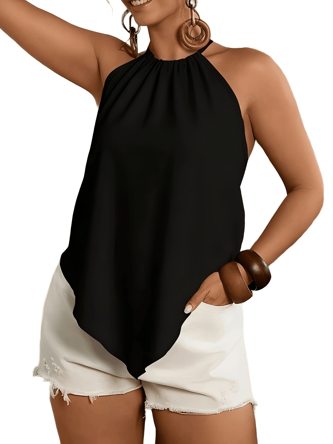 Effortless Colorblock Halter Top for Women with High Neck Sleeveless Pleated Flowing Style