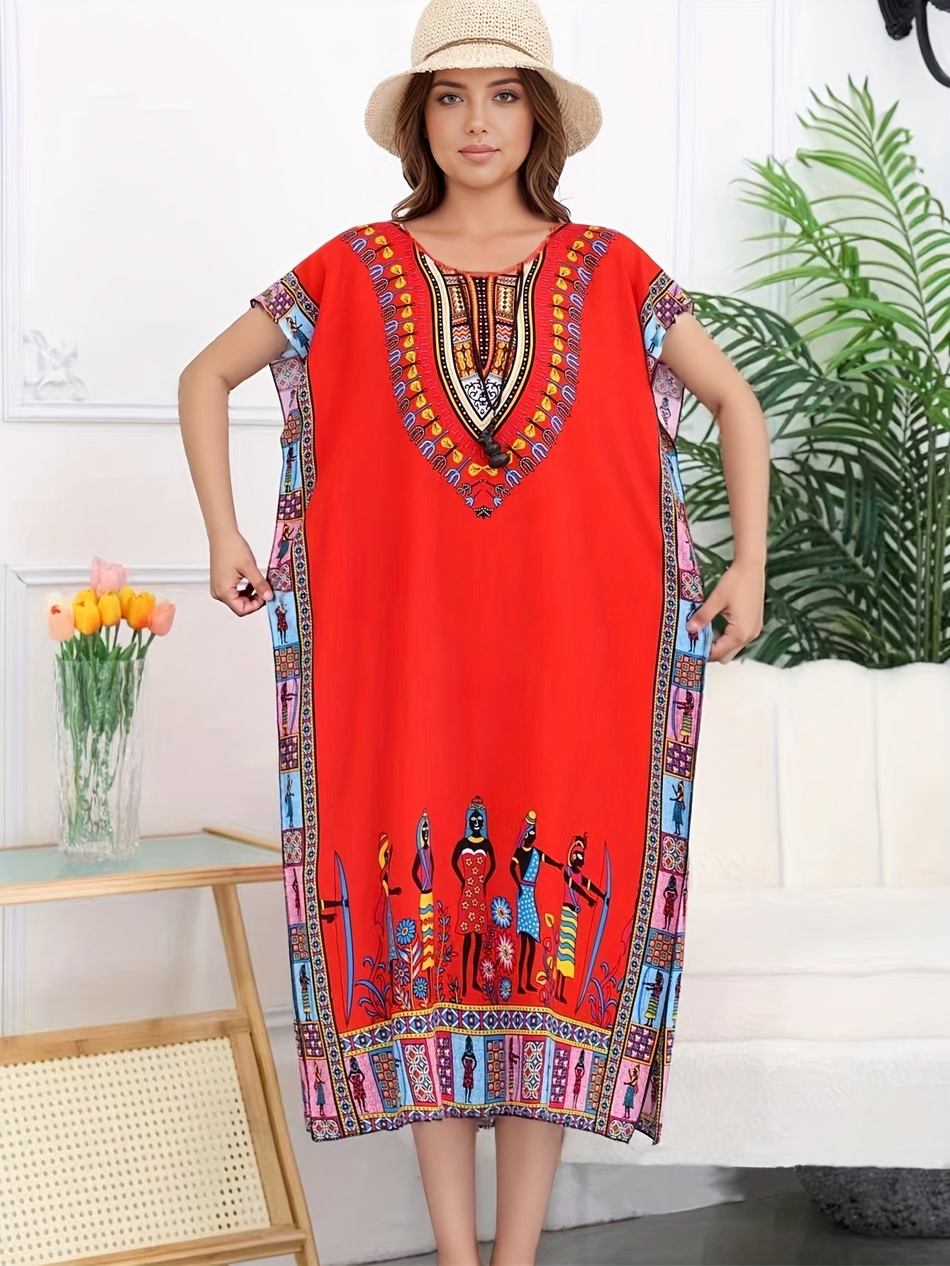 Effortless Tribal Print Kaftan Maxi Dress for Women with V Neck Short Sleeve Flowing Bohemian Style