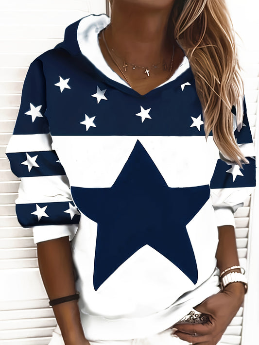 Comfortable Navy Star Print Hoodie for Women with Drawstring Hood Long Sleeve Colorblock Casual Style