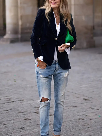 Elegant Velvet Blazer for Women with Notch Lapel Long Sleeve Single Button Tailored Style