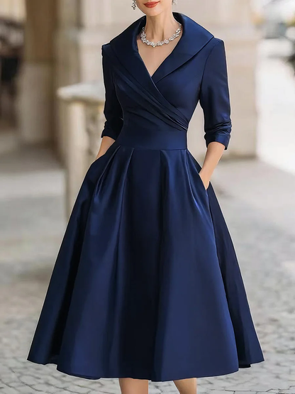 Elegant Satin Midi Dress for Women with Shawl Collar V Neck Elbow Sleeve Pleated Fit and Flare Style