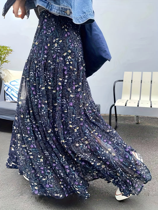 Effortless Blue Floral Maxi Skirt for Women with Elastic Waist Tiered Ruffle Bohemian Style