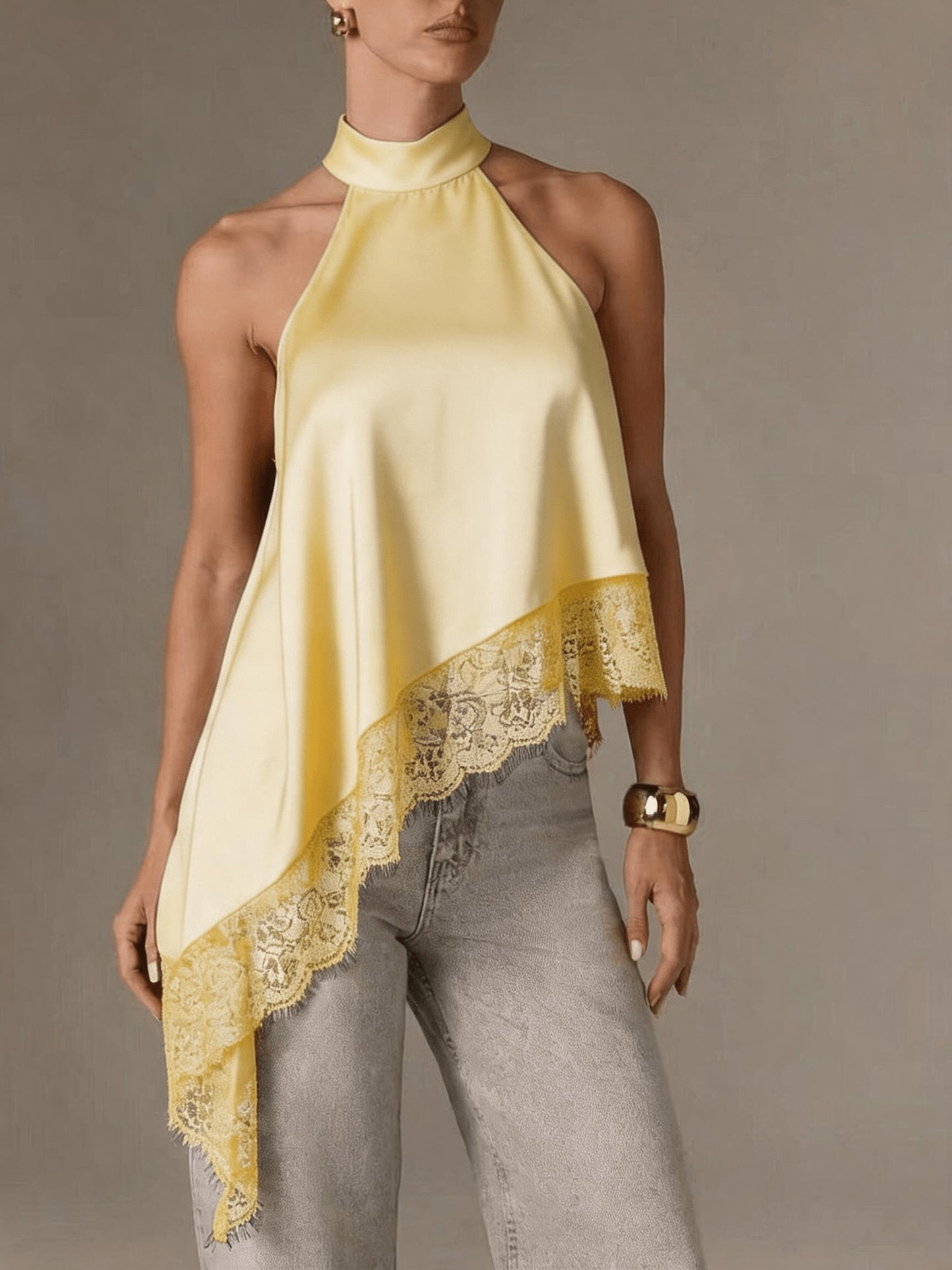 Elegant Satin Blouse for Women with Halter Neck Sleeveless Lace Trim Asymmetric Style
