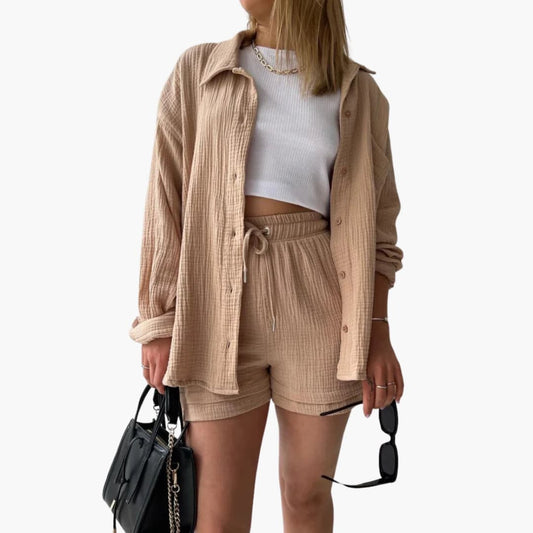 Effortless Textured Cotton Two Piece Set for Women with Collared Long Sleeve Button Front Drawstring Shorts Relaxed Style