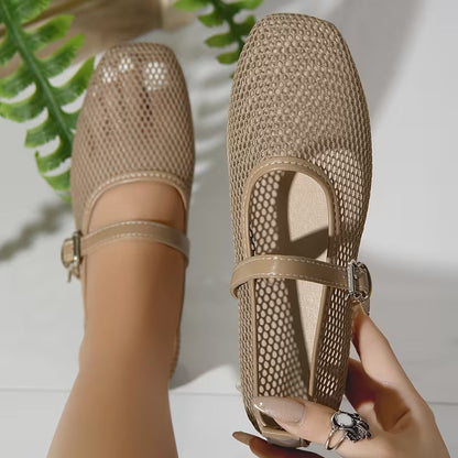 Comfortable Mary Jane Shoes for Women with Mesh Woven Buckle Strap Flat Style