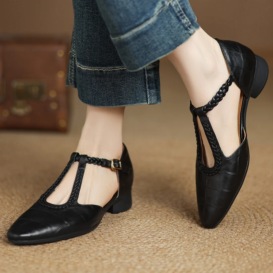 Elegant Croc Embossed T-Strap Flats for Women with Pointed Toe Braided Strap Buckle Closure Style