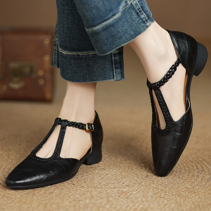 Elegant Croc Embossed T-Strap Flats for Women with Pointed Toe Braided Strap Buckle Closure Style