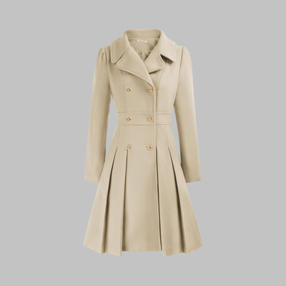Elegant Wool Coat for Women with Notched Lapel Long Sleeve Double Breasted Pleated Flare Style