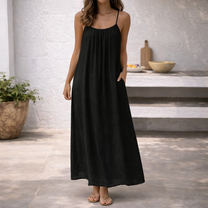 Effortless Linen Maxi Dress for Women with Scoop Neck Spaghetti Strap Flowing A Line Bohemian Style