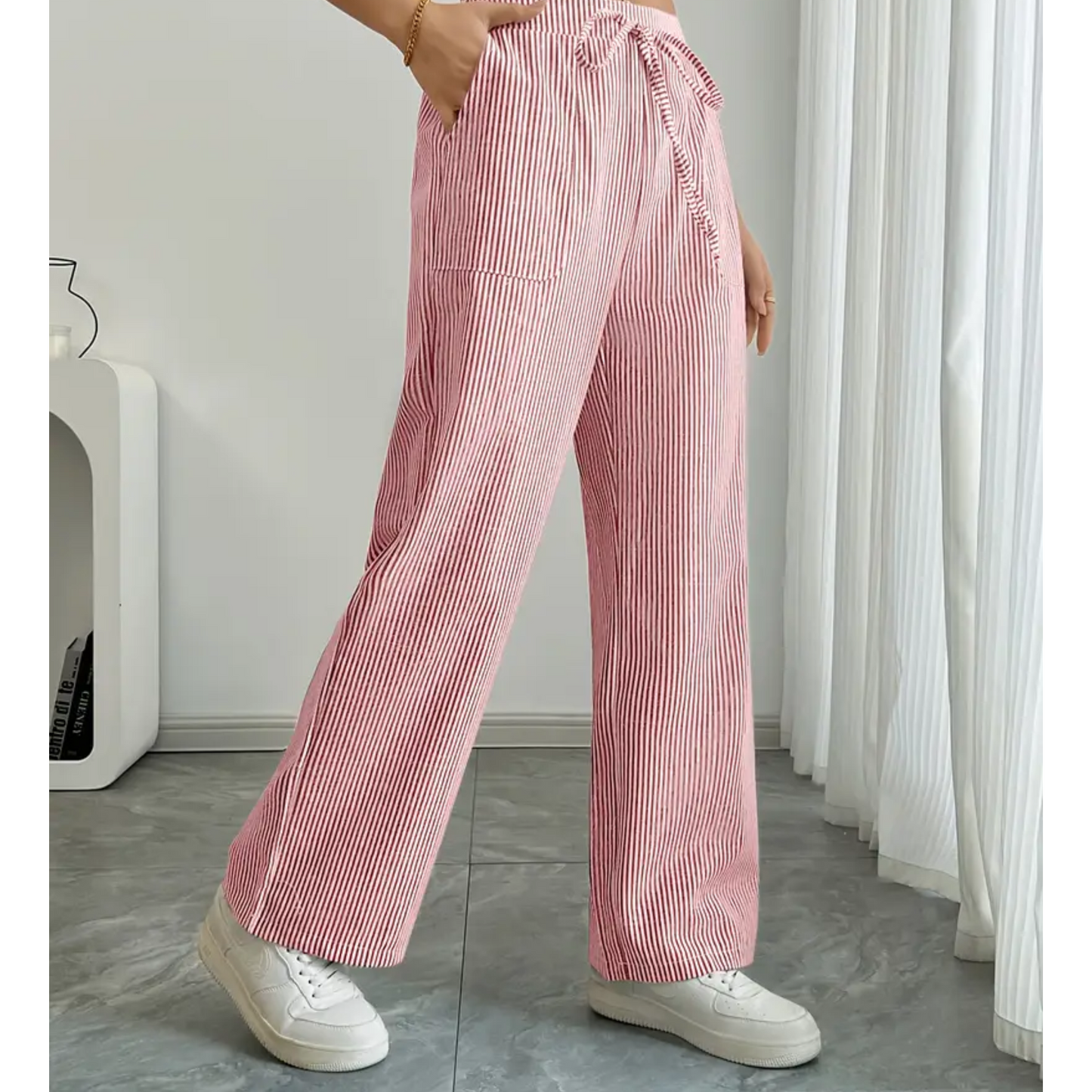 Effortless Striped Linen Wide Leg Pants for Women with High Waist Drawstring Relaxed Flowing Casual Style